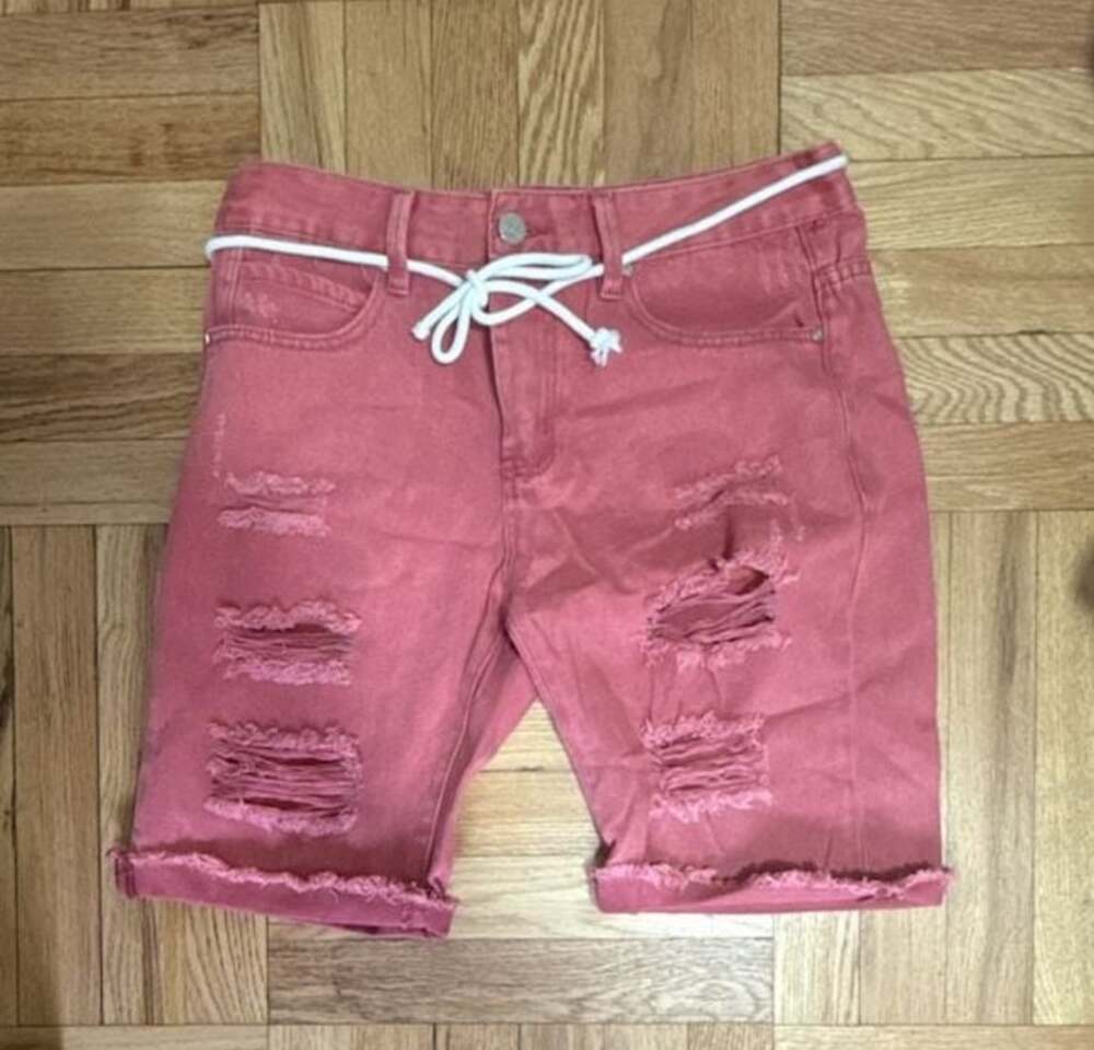 XIOS Denim Men's Salmon Pink Distressed Raw Hem Bermuda Shorts